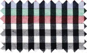 Black/White Checks with colored stripes, 100% Cotton - The repeating colored line is 4 inches wide and then 4 inch black/white checks line and so on. The colored line colors are Seafoam Green/Venetian Red/Perano/Black/white