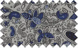 Dark blue/black printed pattern over gray, Cotton/Polyester Blends. The fabric is sturdy and heavy