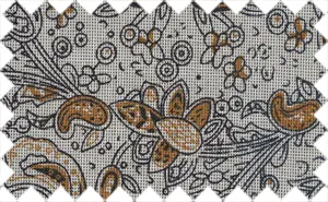 Light brown/Black printed pattern over gray, Cotton/Polyester blends. The fabric is strong and thick.