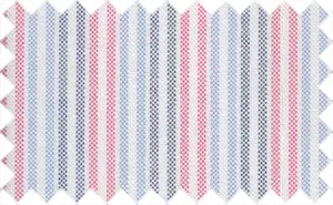 Cerise Red/Dark Blue/Light Blue pinpoint stripes, 100% cotton - 2Ply white, single Ply red, dark blue and light blue colors - Dull colored tightly woven fabric - Best for fall season.