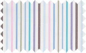 Multi colored stripes, 65% Polyester/35% cottonrnColors in stripes are dark brown, light purple, viking blue, light blue, olive, danube blue, light pink and sky blue. Fabric is not breathable and best for fall/winter season.