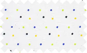 Yellow/Blue/Black/Light Green Printed Dots over Textured White, 100% polyester  - soft feel