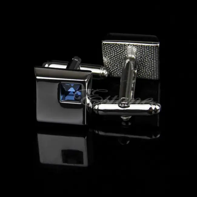 Silver Square Cuff Link with Blue Crystal