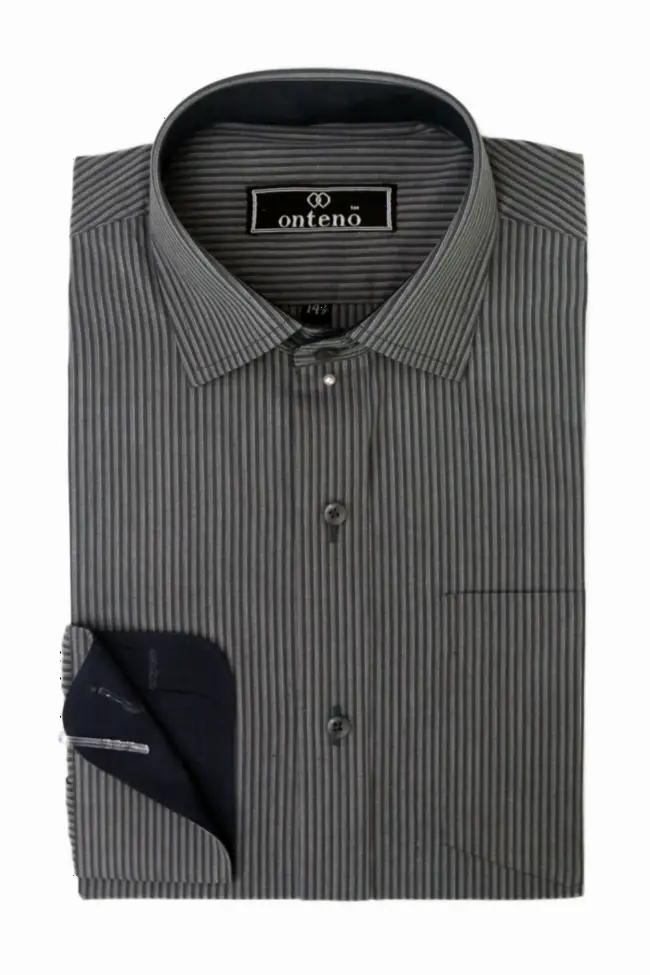 Dark Gray Stripes With Navy Blue Inner Cuff and Collar