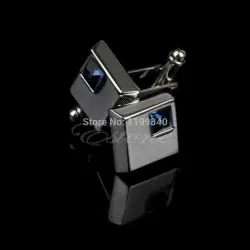 color: Silver Square Cuff Link with Blue Crystal