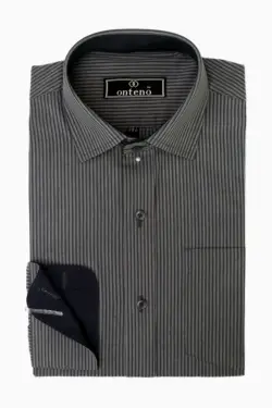 color: Dark Gray Stripes With Navy Blue Inner Cuff and Collar