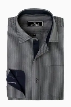 color: Dark Gray Stripes With Navy Blue Inner Cuff and Collar